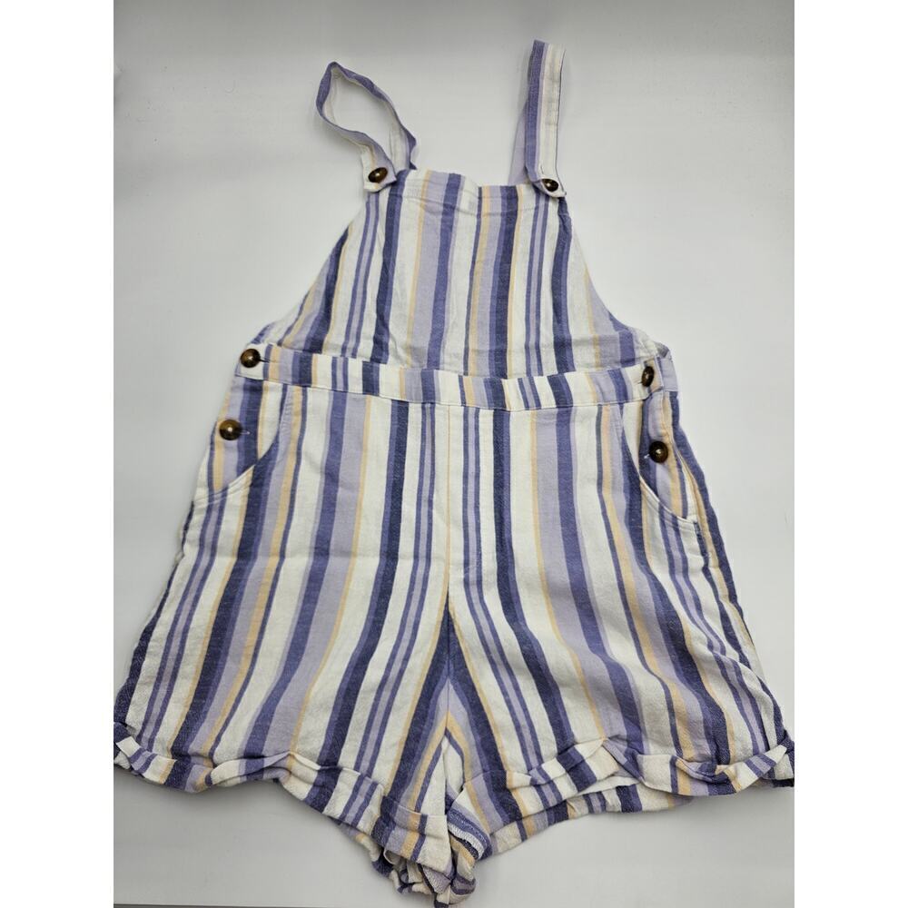Hollister Women's S Purple and White Linen Overall Cuffed Shorts